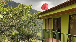 A green building with a balcony, surrounded by lush greenery and a mountainous backdrop.