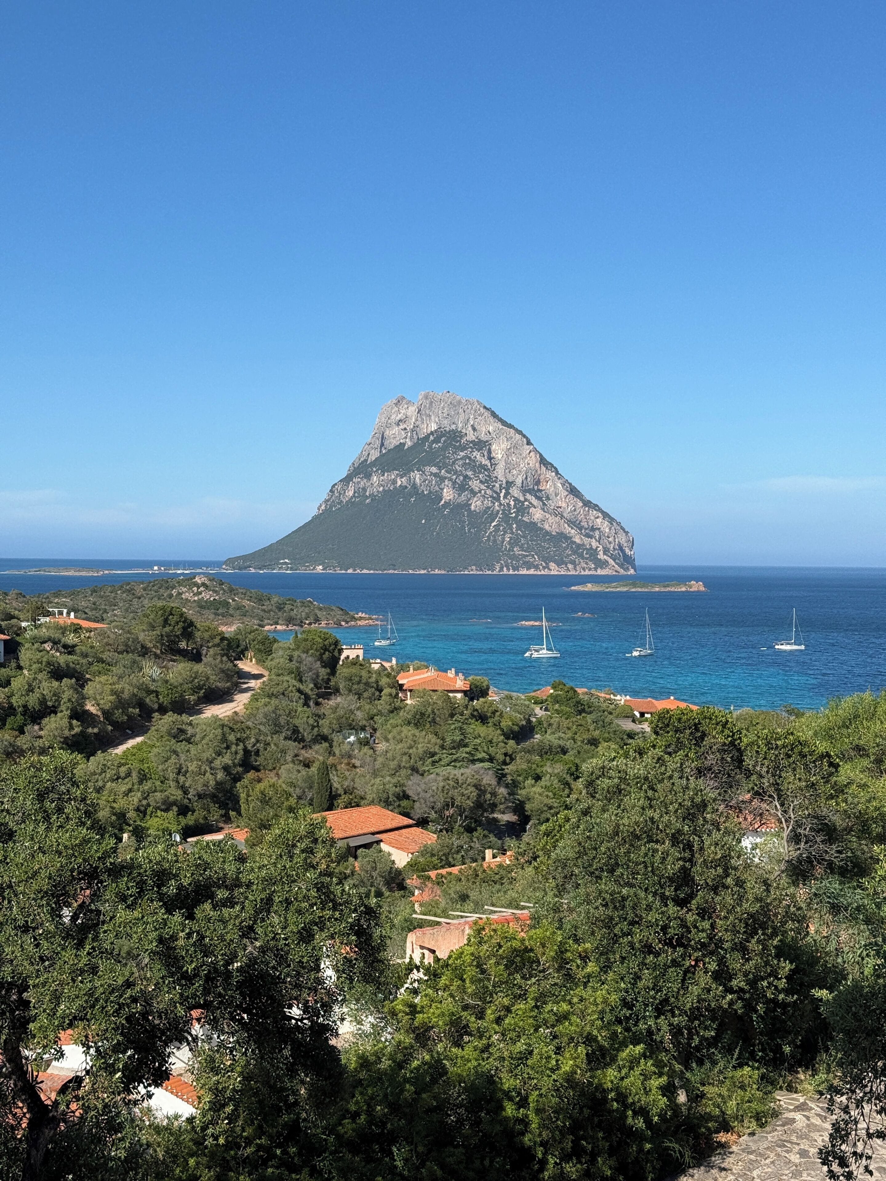 A coastal landscape with a prominent rocky hill, clear blue sea, and scattered sailboats.