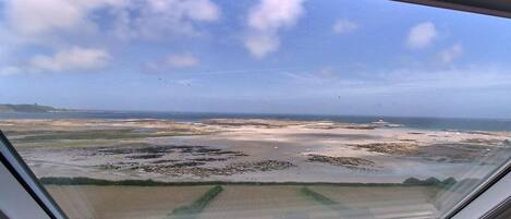 A view from a window overlooking a coastal landscape with sandy areas and vegetation.