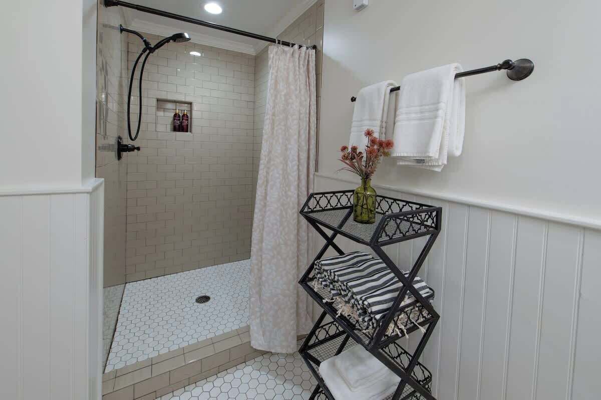 Shower, hair dryer, shampoo