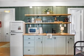 Fridge, microwave, coffee/tea maker, electric kettle