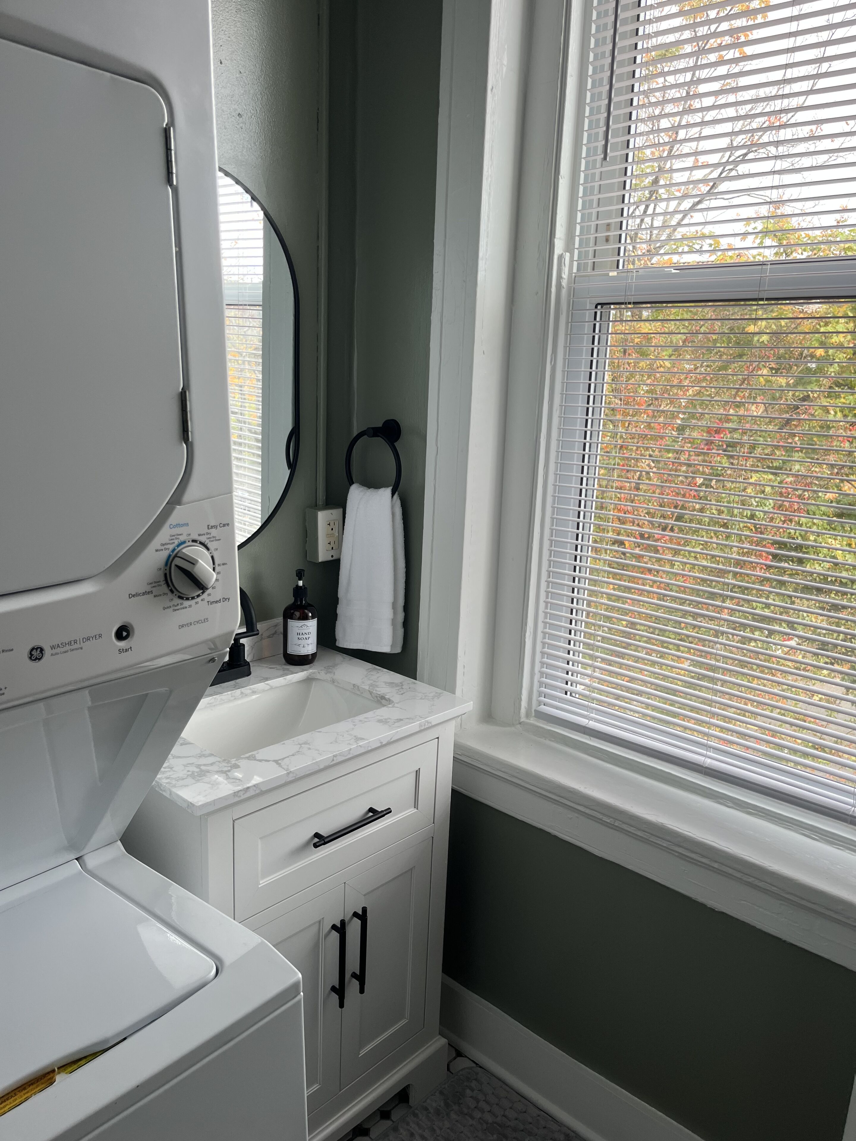 Hair dryer, towels, soap, toilet paper