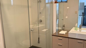 A modern bathroom with a glass-enclosed shower, a sink with a mirror above, and a toilet.