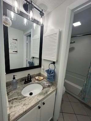Hair dryer, towels, soap, toilet paper