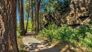 A paved pathway surrounded by trees and rocky terrain. - Downtown condo with a view and hot tub access (Bend)