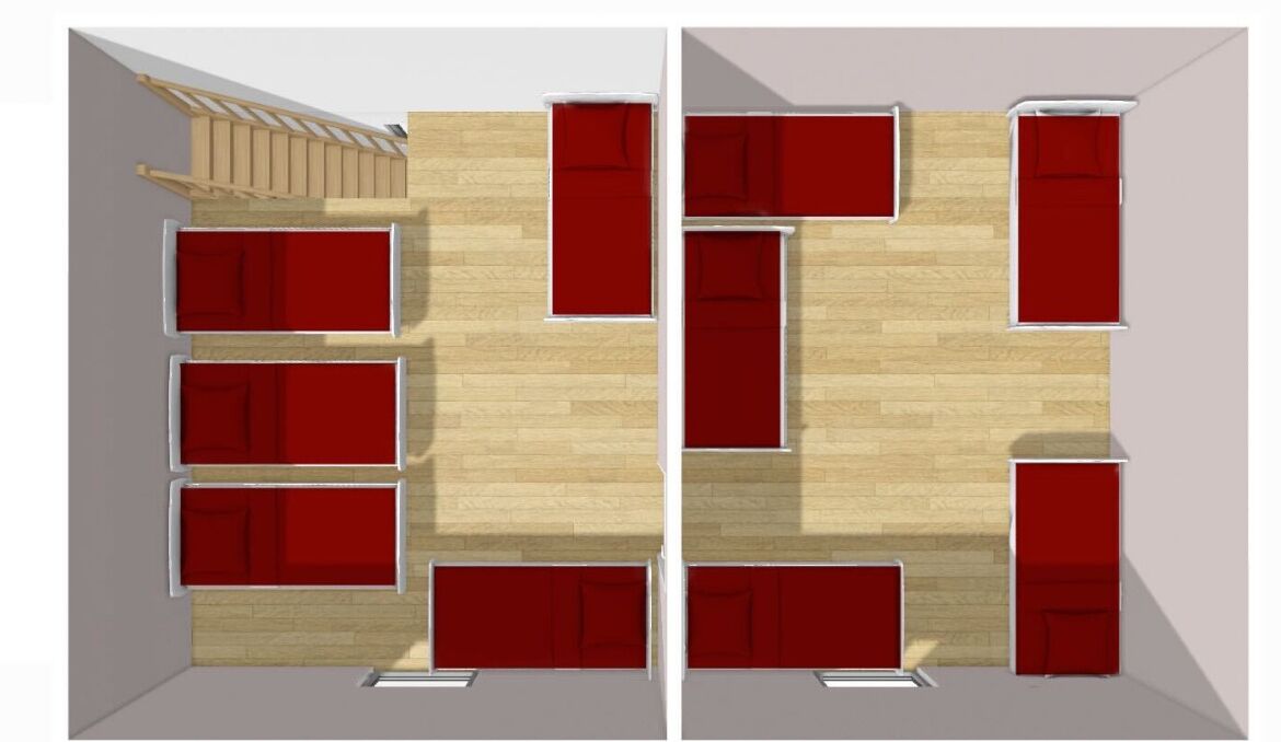 A hotel room layout with a wooden floor, red doors, and a staircase.