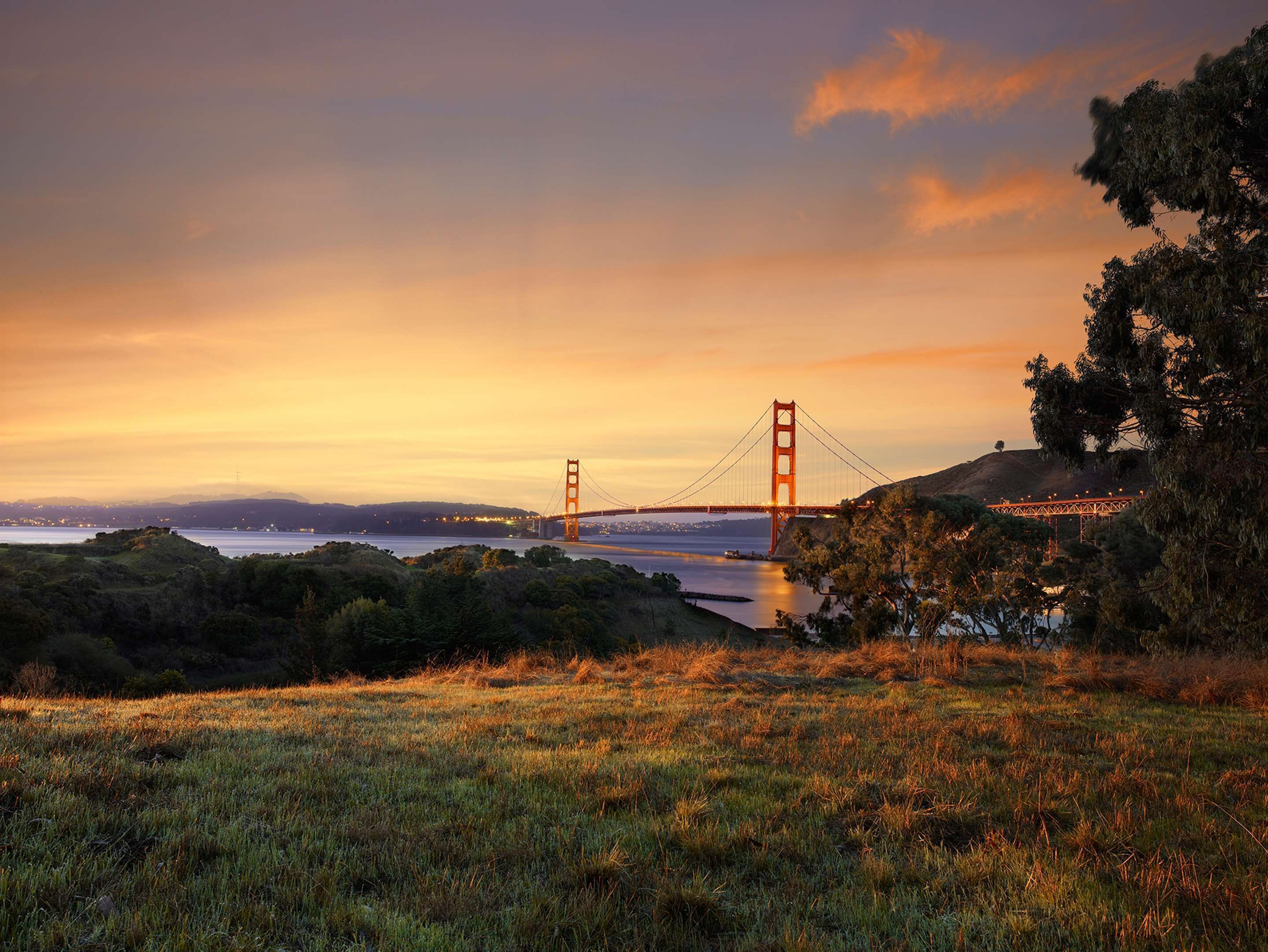Vista al atardecer del puente Golden Gate, con colinas y árboles en primer plano.