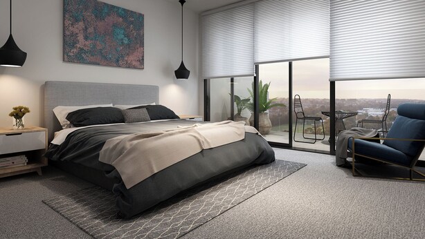 A modern bedroom with a large bed, a nightstand, a bedside table with a vase of flowers, a large window with blinds, and a view of the city. - Terrific 1-bedroom bed & breakfast in Cochabamba (Cochabamba)