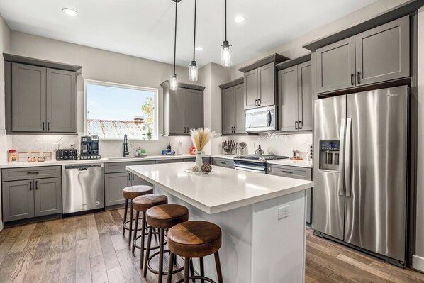 Fridge, microwave, oven, stovetop