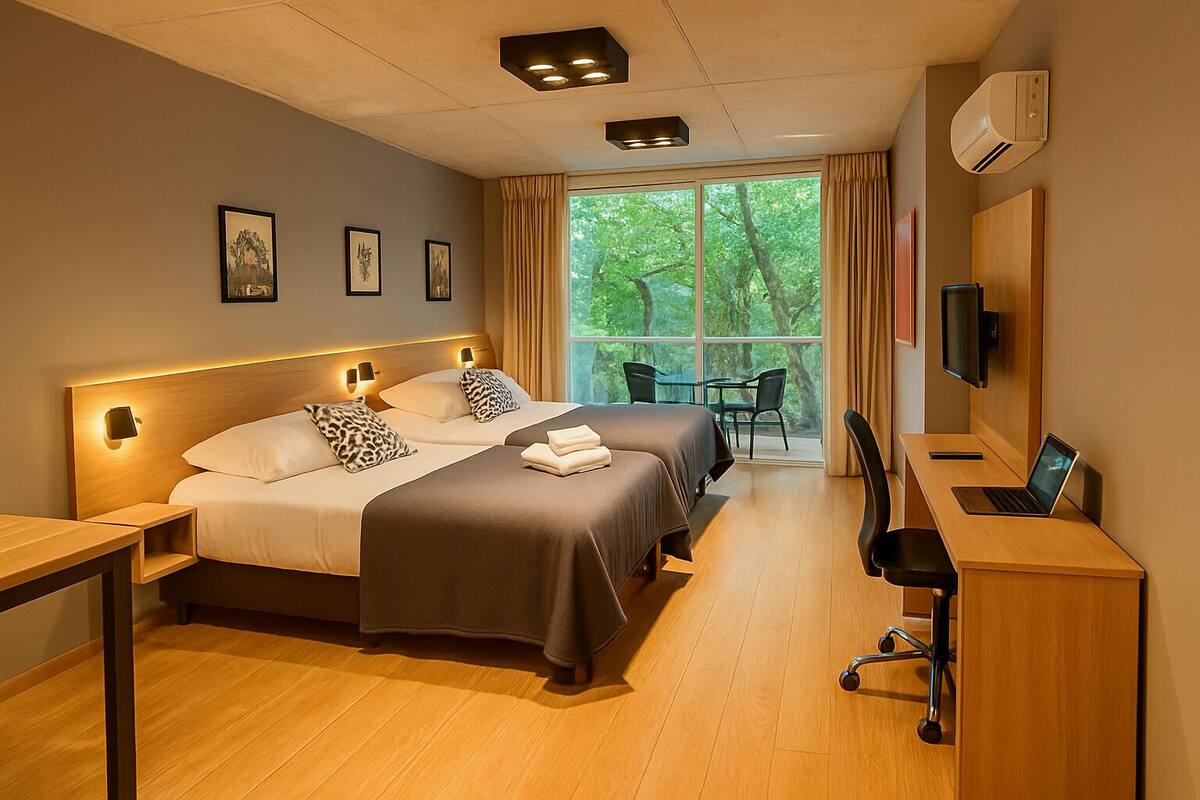 A hotel room with two beds, a desk with a laptop, a TV, and a large window with a view of trees.