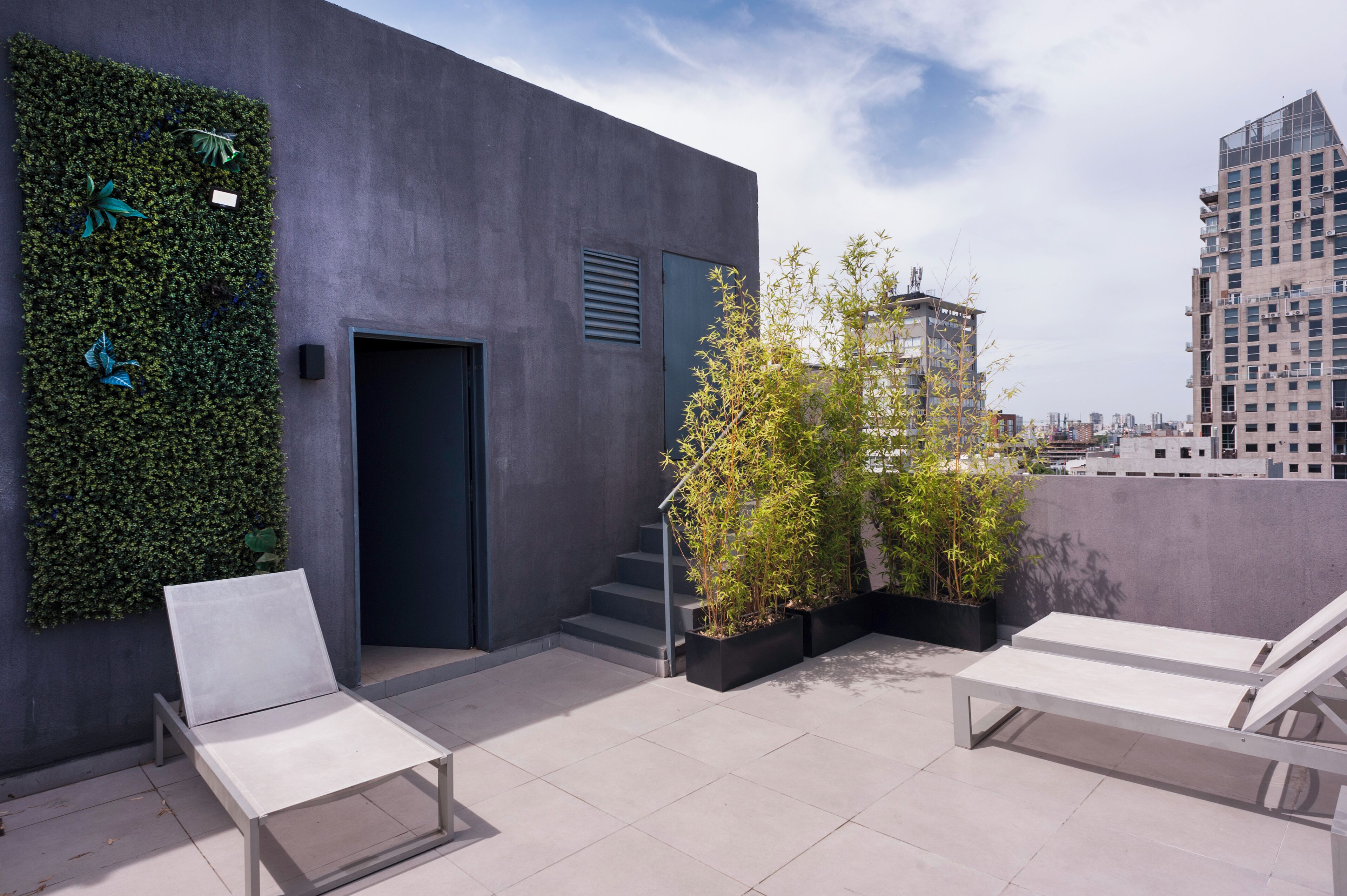 A rooftop terrace with two lounge chairs, a vertical garden, a door, and a staircase leading to an upper level.