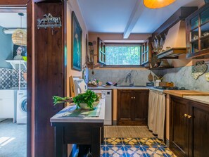 Fridge, microwave, dishwasher, cookware/dishes/utensils