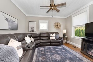 Smart TV, fireplace, books