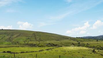 A rural landscape with rolling hills, a fenced field, and a clear sky.