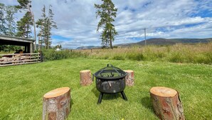 A black outdoor grill set on a grassy field with four tree stumps around it, a wooden structure with a roof in the background, and a mountainous landscape under a partly cloudy sky.