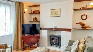 Ein gemütliches Wohnzimmer mit Kamin, Fernseher und einer bequemen Couch.