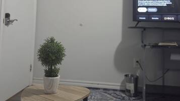 Una sala de estar con un televisor, una mesita con un control remoto y una planta en maceta.