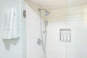 Shower, hair dryer, shampoo