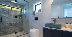 Shower, hair dryer, towels, soap