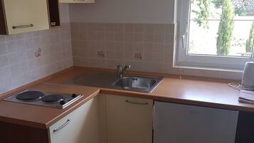 Coffee/tea maker, fridge, microwave, oven