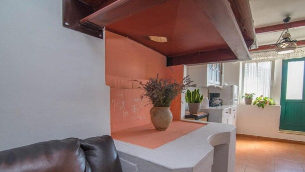 A kitchen with a white countertop, a brown leather chair, and a potted plant. - Apartments Bonic - Two Bedroom Apartment (Veli Losinj)