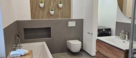 Hair dryer, towels, soap, toilet paper