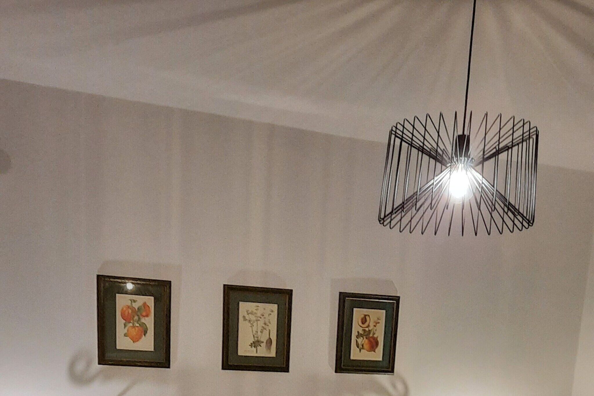 A ceiling light fixture and three framed botanical prints on a wall.