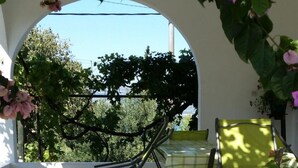Un balcon donnant sur des arbres et un ciel dégagé.