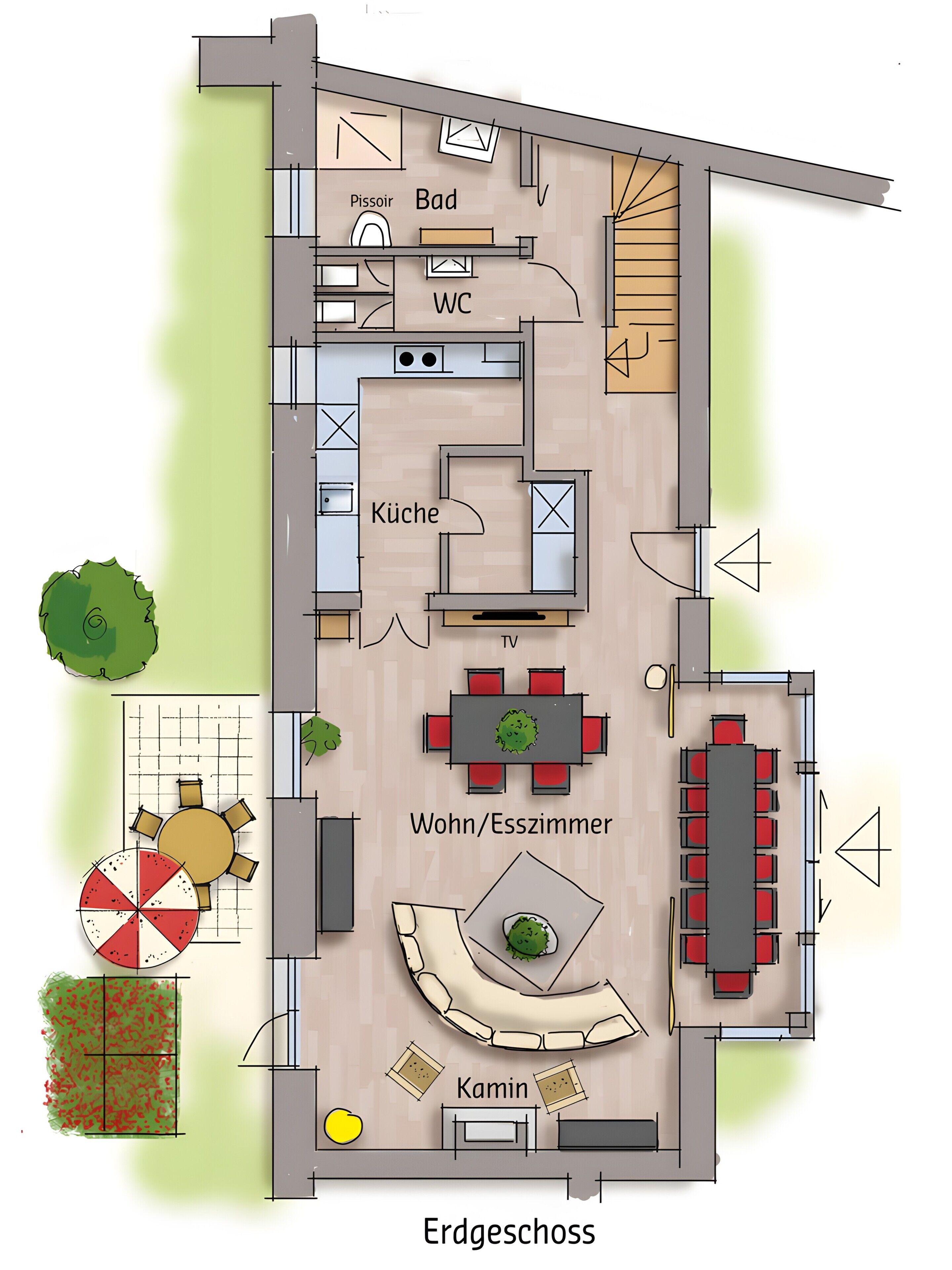 Plano de una casa que incluye cocina, aseo, sala de estar, comedor y un jardín pequeño.