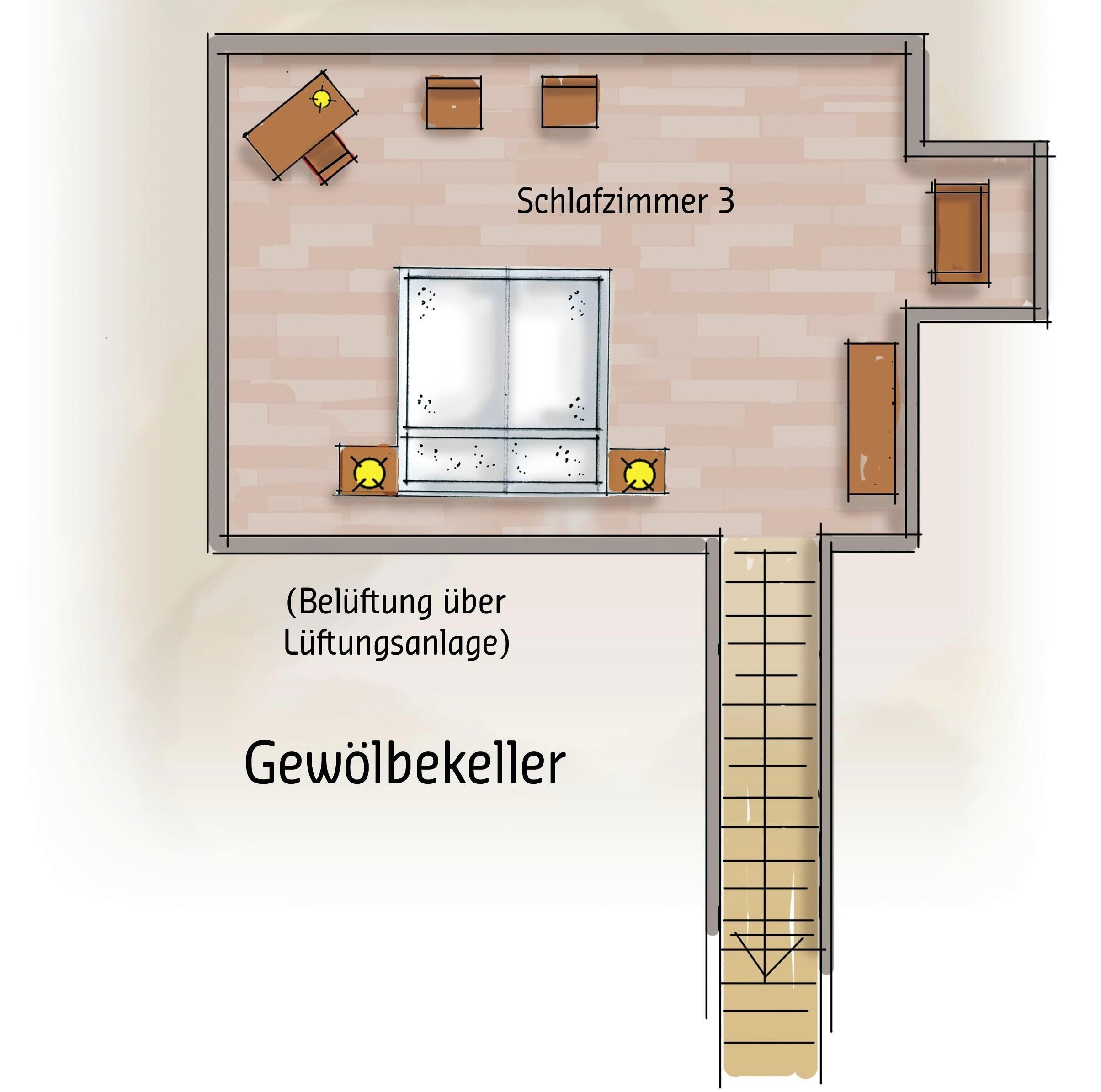 A hotel room layout with a bathroom, a shower area, and a staircase.