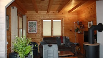 Televisión, chimenea, estéreo