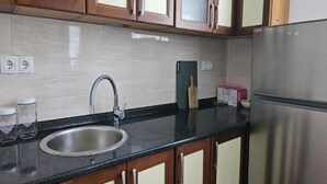 A kitchen with wooden cabinets, a stainless steel sink, and a refrigerator. - Apartment Gracac - Two Bedroom Apartment with Terrace (Gracac)