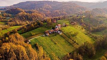 A rural landscape with a cluster of houses surrounded by green fields and autumn-colored trees.