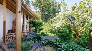 A patio with a wooden bench, a metal table, and a garden with various plants and trees.