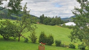 A grassy landscape with trees and a small wooden structure.