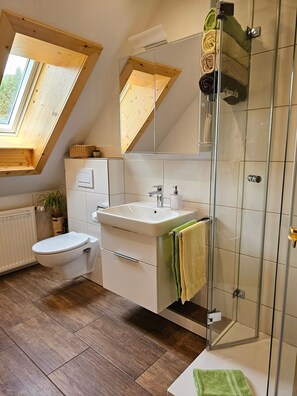 A modern bathroom with a skylight, a glass shower enclosure, and a white toilet.