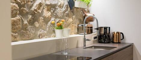 Fridge, oven, stovetop, coffee/tea maker