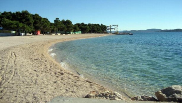 A beach with clear water, sandy shore, and trees in the background.