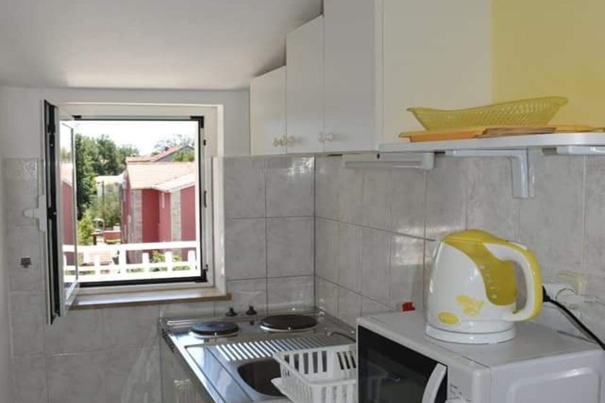 Fridge, microwave, stovetop, dining table