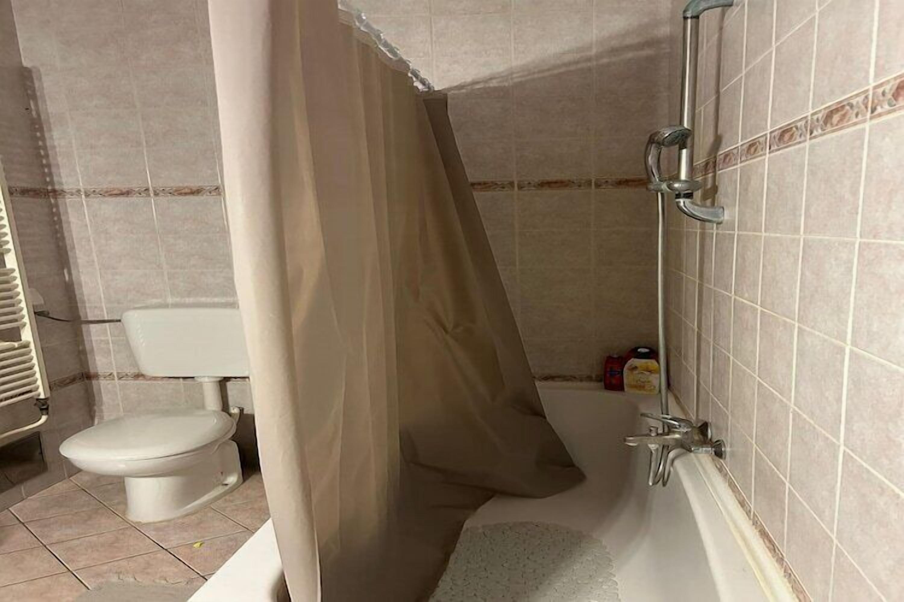 Une salle de bain équipée de toilettes, d’une baignoire et d’un rideau de douche.