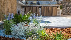 A garden with various plants and a stone wall in the background.