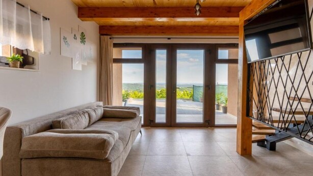 A living room with a sofa, a staircase with a metal railing, and a view through glass doors. - Villa Breg - Four Bedroom Villa with Pool, Hot-Tub and Sauna (Križevci)