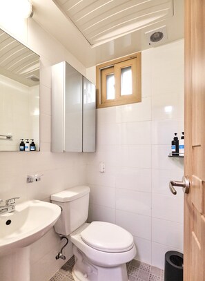 Serviettes fournies, savon, shampoing, papier toilette