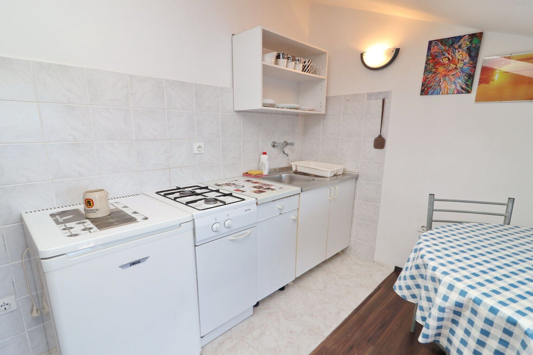 Fridge, oven, stovetop, dining table