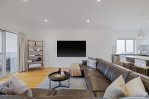 Smart TV, fireplace, books