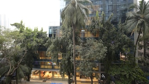 A modern building with glass facades, surrounded by palm trees and other greenery.