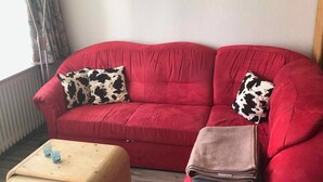 A red sofa with two cow-print pillows, a wooden coffee table with two glasses, and a radiator in the background. - Beautiful vacation apartment on the edge of the Swabian Alb, hiking, relaxing, thermal baths! (Beuren)