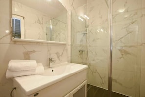 Shower, hair dryer, towels, soap