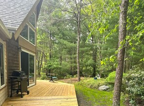 Een houten terras met een barbecue, omringd door bebossing.