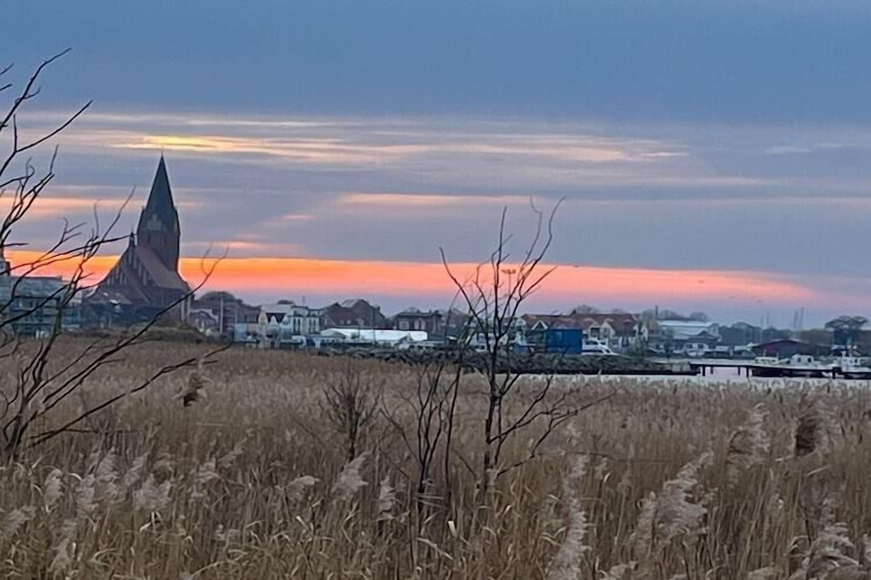 A sunset over a town with a prominent church spire, a bridge, and a field of tall grass in the foreground.